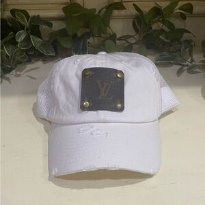 BRAND NEW WITH TAGS Upcycled Designer Patch Distressed White Trucker Hat